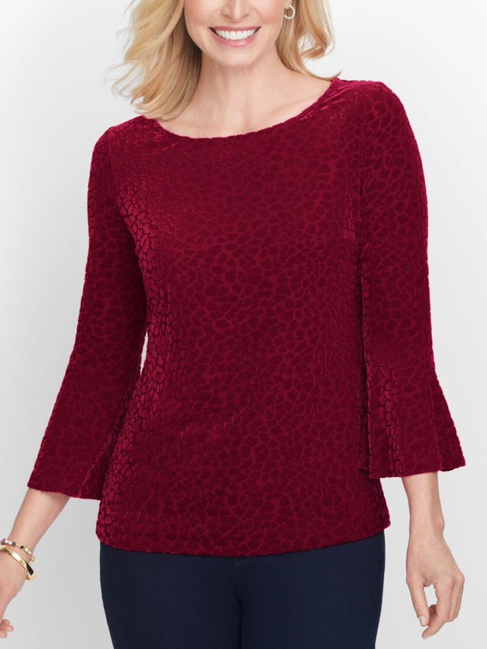 TALBOTS Burnout Flounce Sleeve Top Burgundy Maroon Cheetah Leopard 3/4 Sleeve L